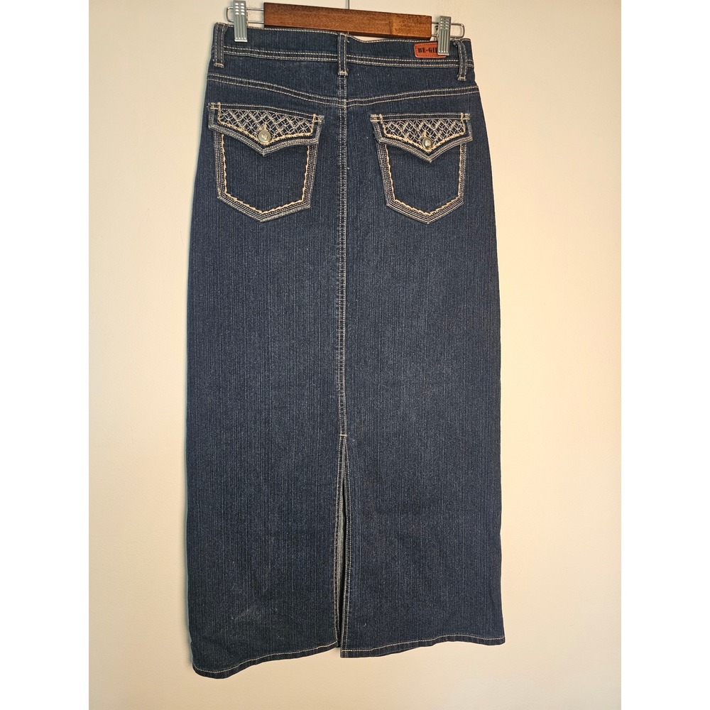 Western Boho Be-Girl Denim Maxi Skirt Womens XS Embroidered Pockets High Rise